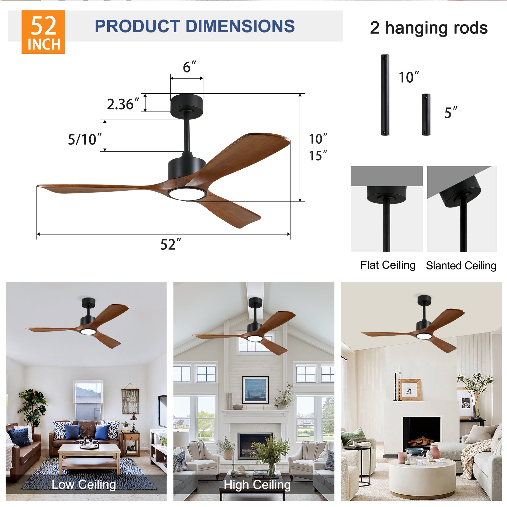 52" Matte Black Solid Wood Ceiling Fan with Dimmable LED - view 7