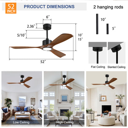 52" Matte Black Solid Wood Ceiling Fan with Dimmable LED - view 7