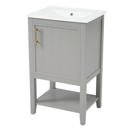 20" Gray Bathroom Vanity with Ceramic Sink and Open Side Shelves