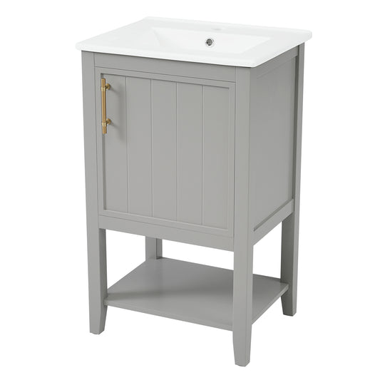 20" Gray Bathroom Vanity with Ceramic Sink and Open Side Shelves