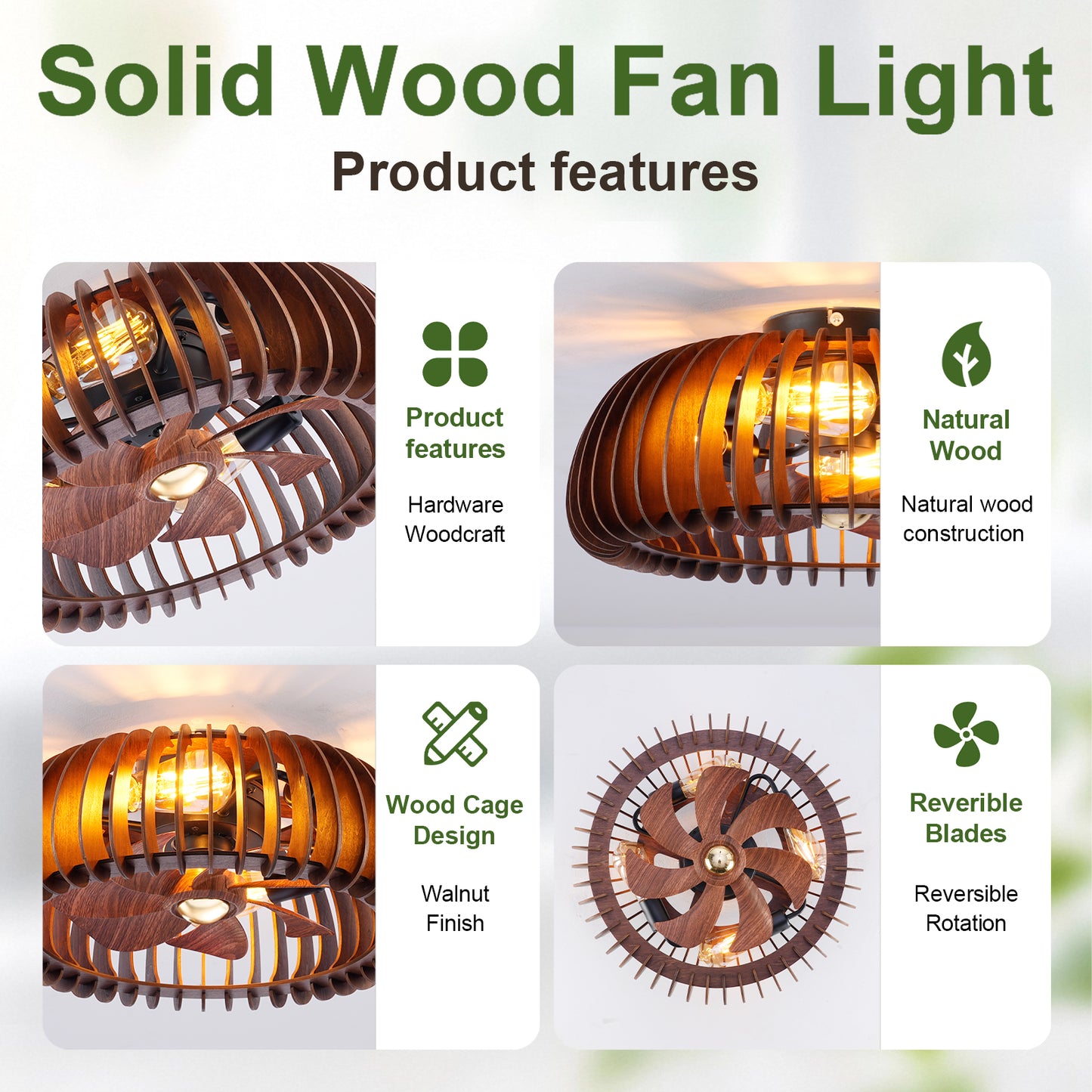 20" Walnut Caged Flush Mount Ceiling Fan with Remote - view 4