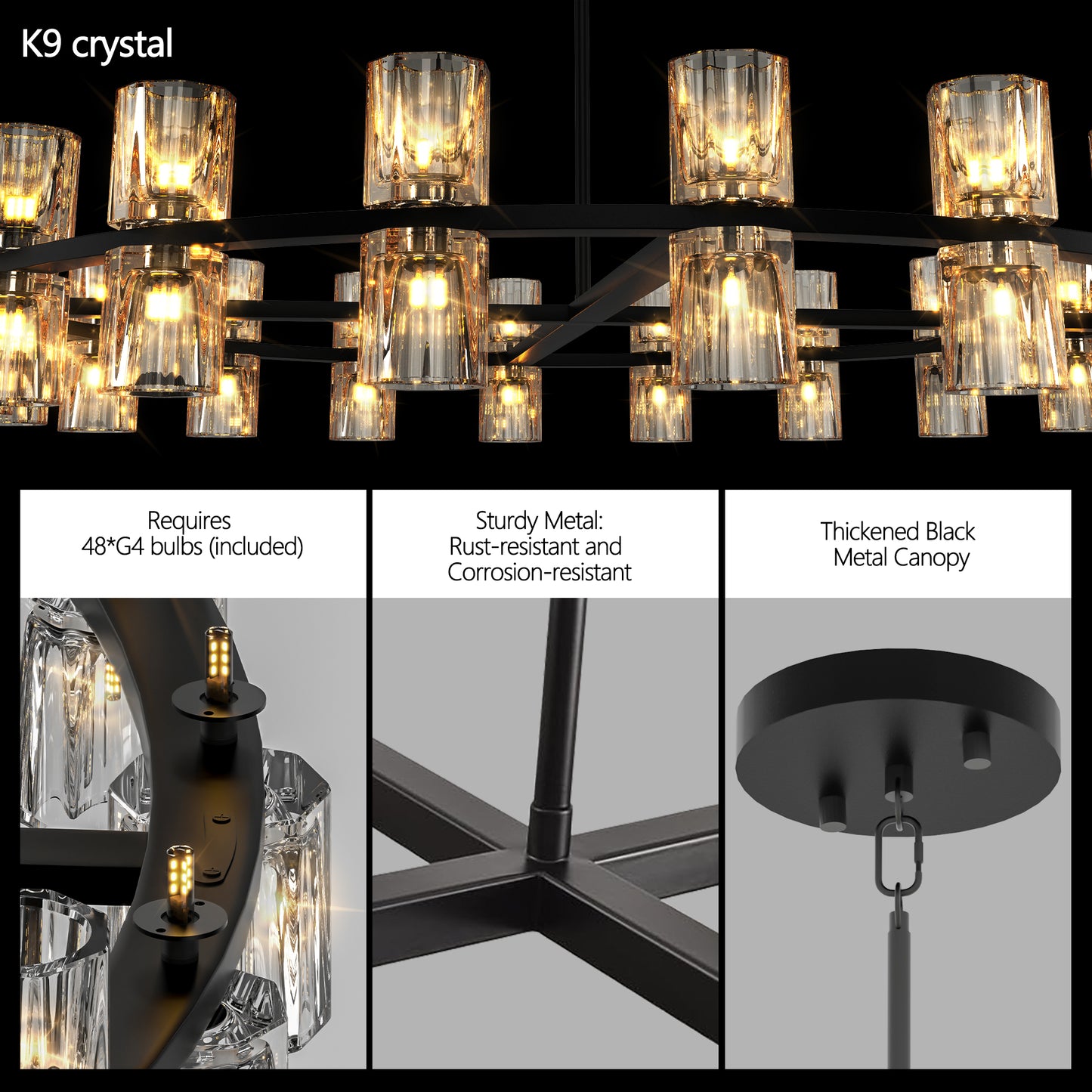 48" Modern Black Crystal LED Chandelier - view 3