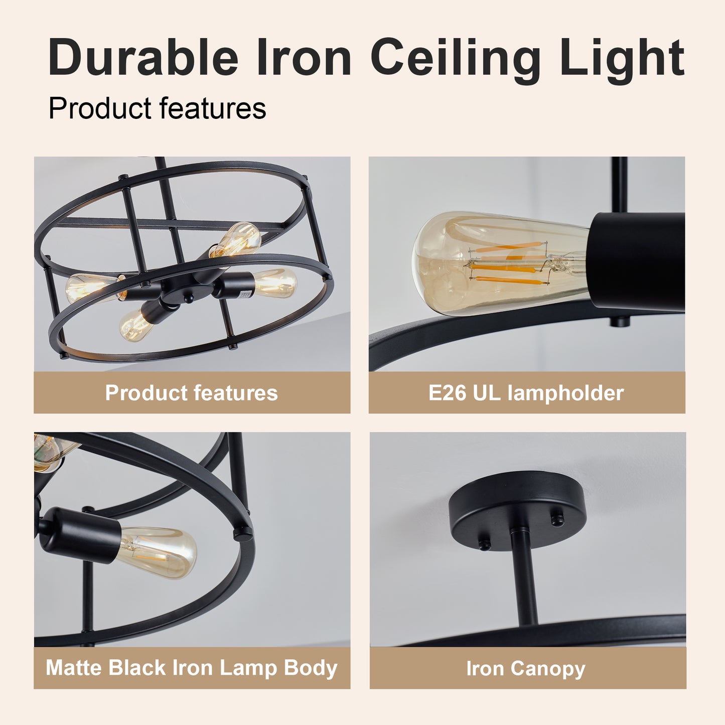4-Light Black Industrial Semi Flush Mount Chandelier - view 9