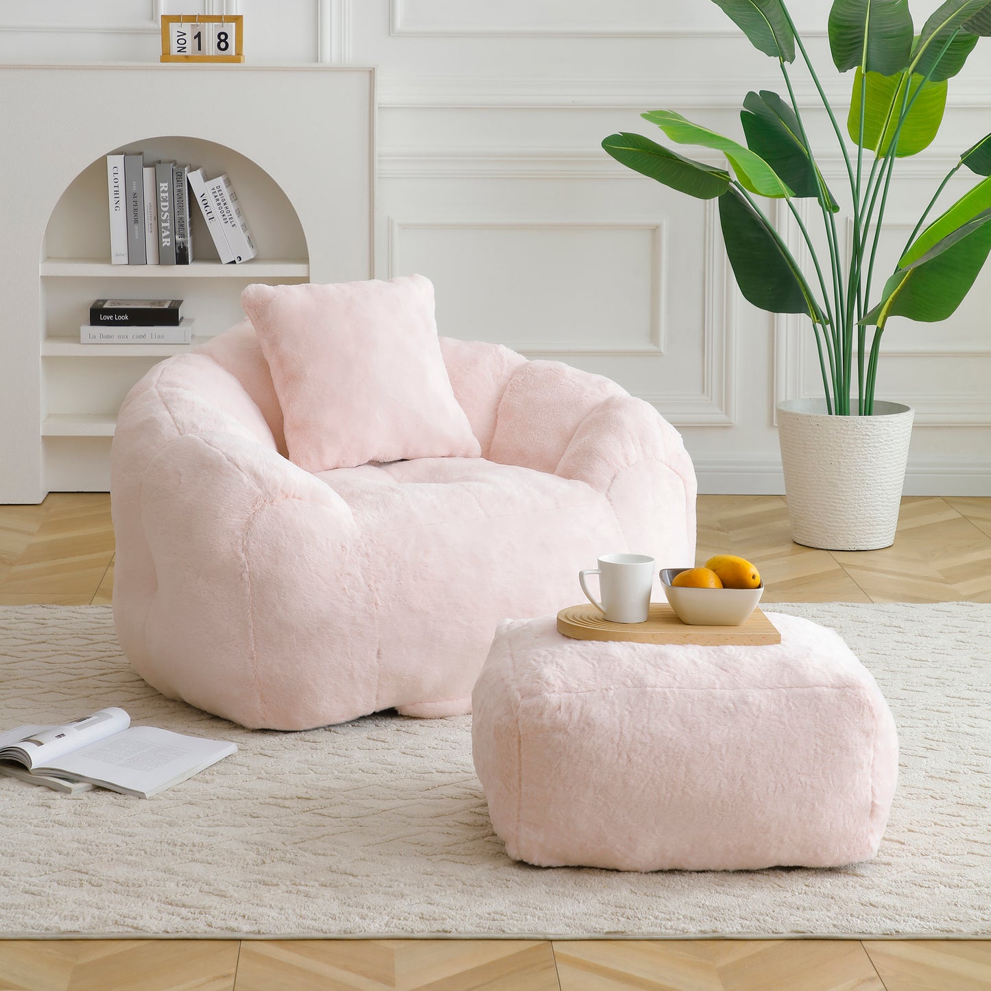 Giant Faux Fur Bean Bag Chair with Footstool – Pink