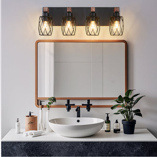24" 4-Light Black Caged Wall Light with Wood Accents - view 2
