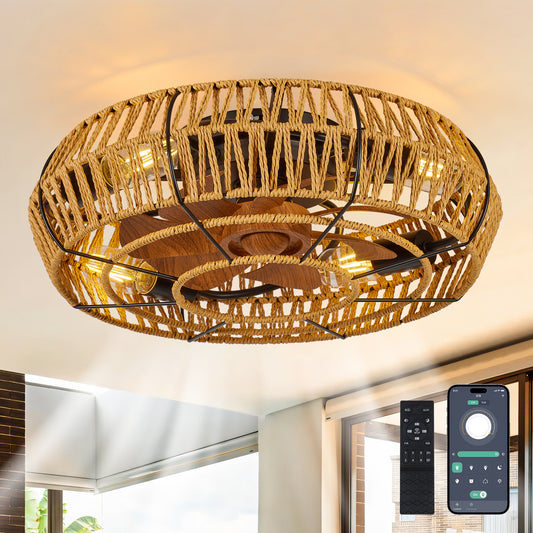 19" Black Caged Boho Flush Mount Ceiling Fan with Remote