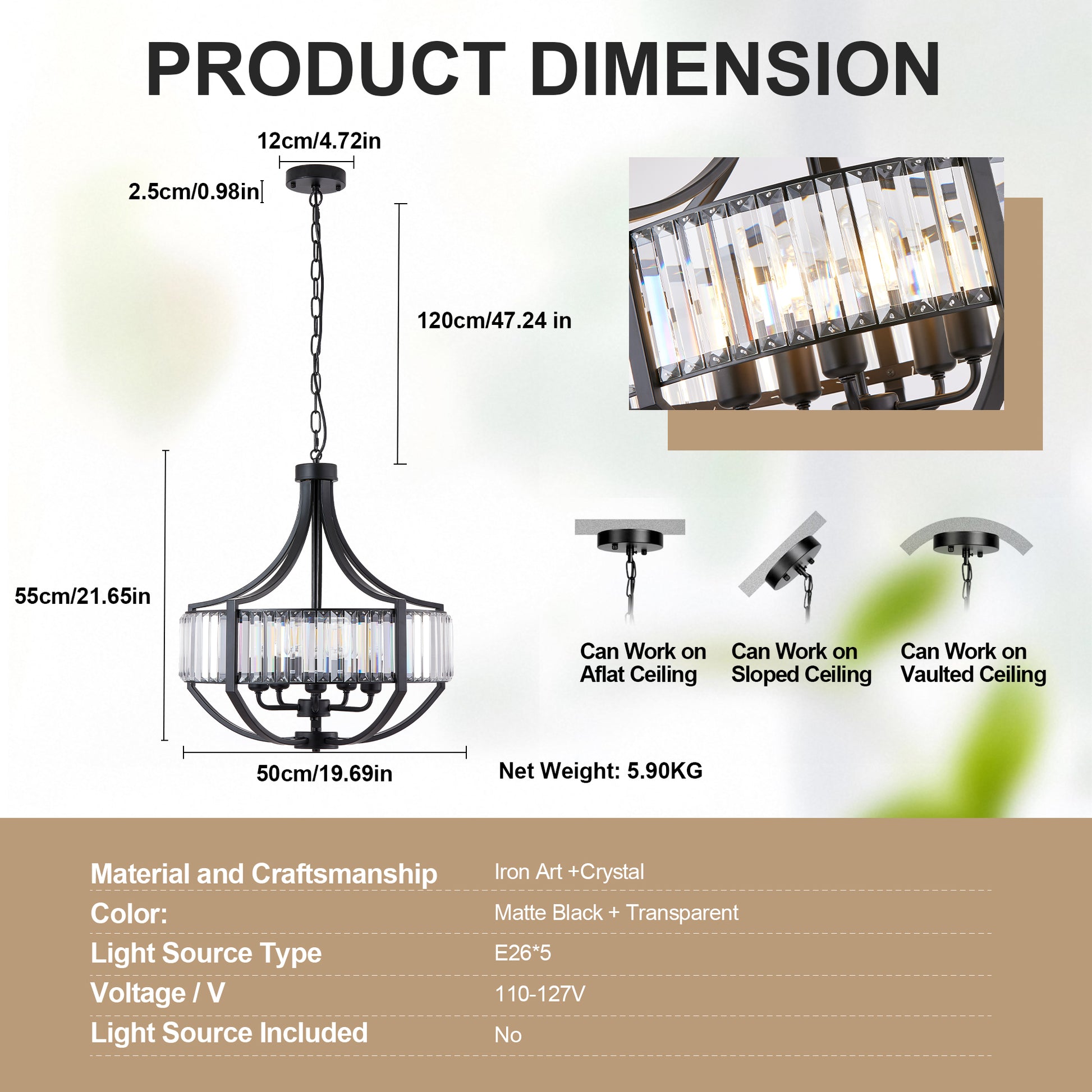20" 5-Light Black Farmhouse Crystal Chandelier - view 8