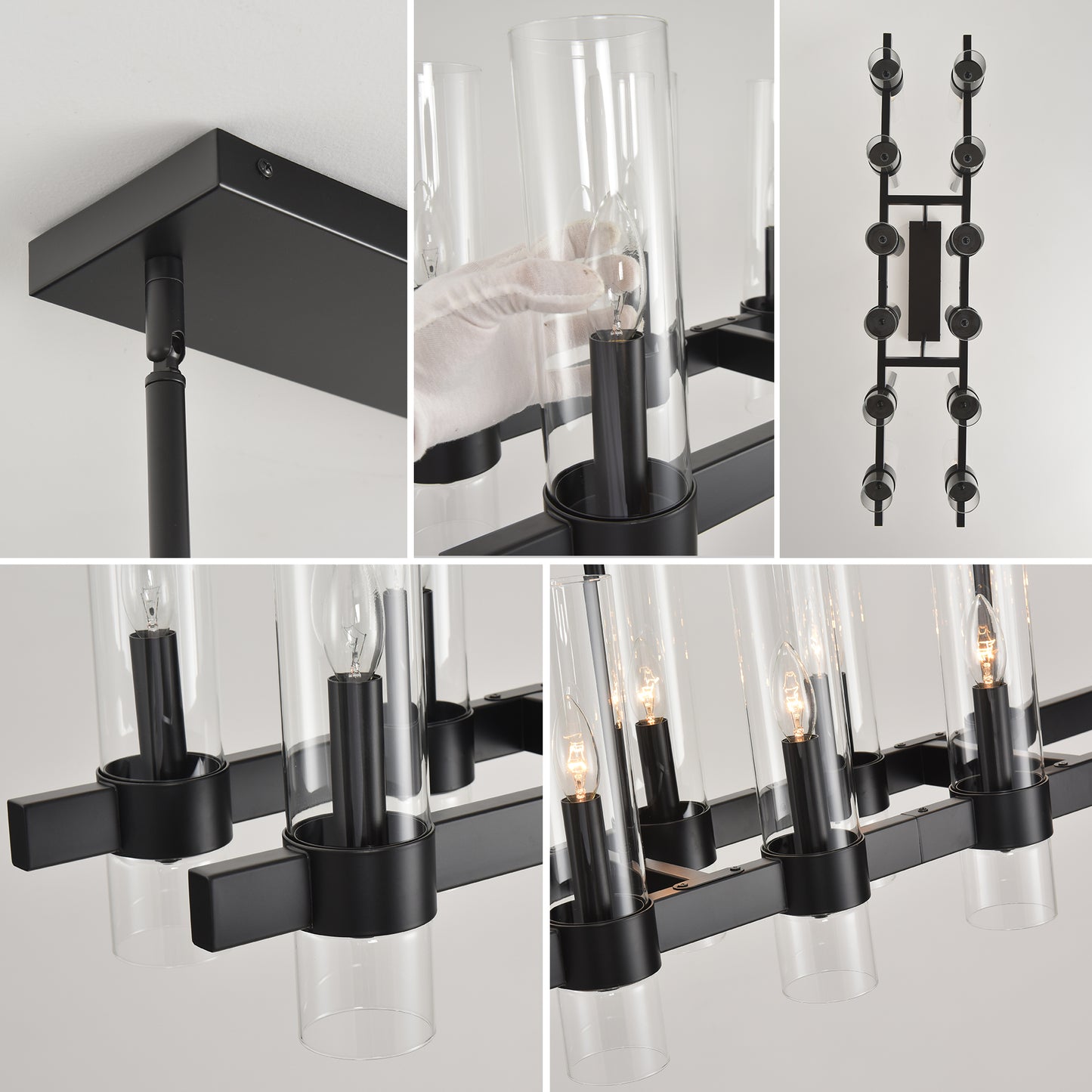 12-Light Black Linear Farmhouse Chandelier with Clear Glass - view 10