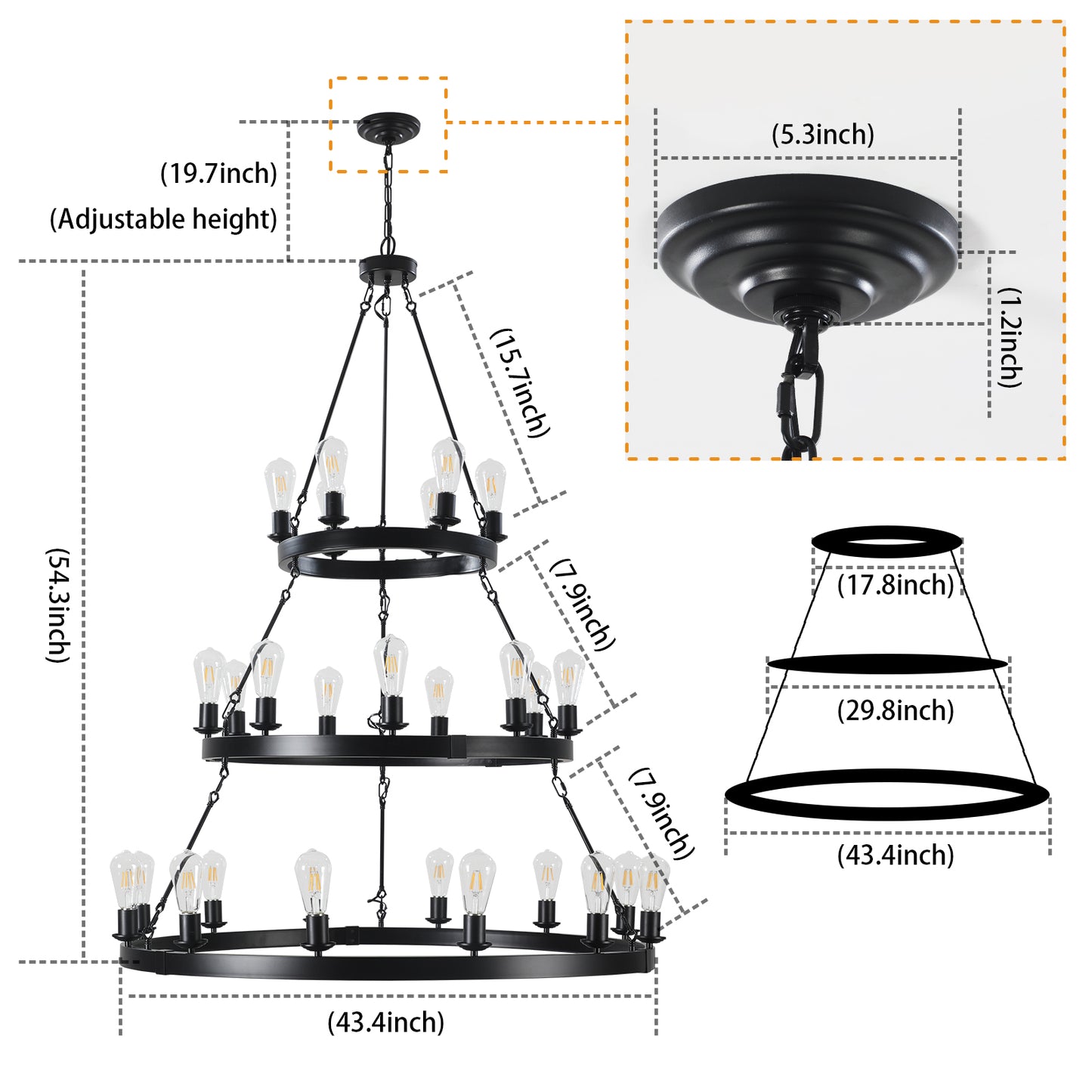 45" 3-Tier Black Industrial Pendant Light, 27-Light - view 8