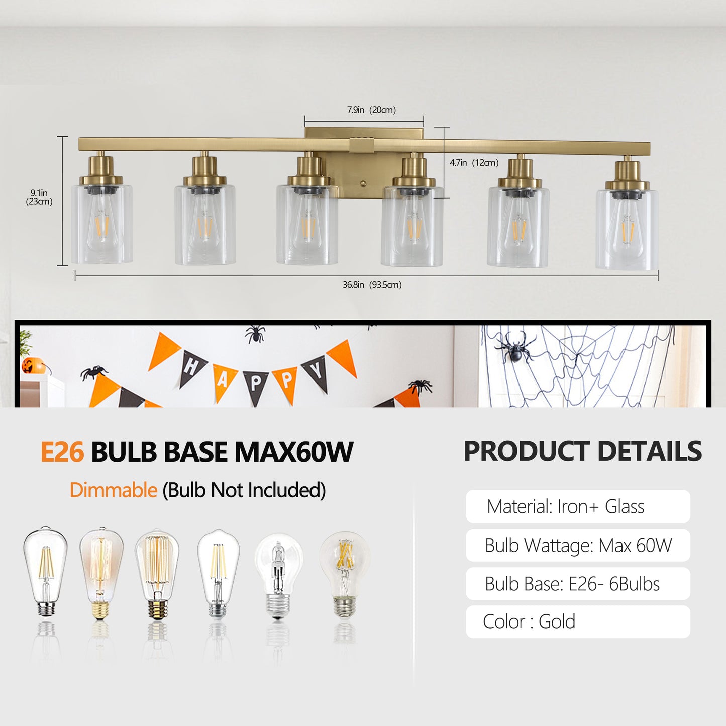 37" 6-Light Gold Vanity Light with Clear Glass - view 8