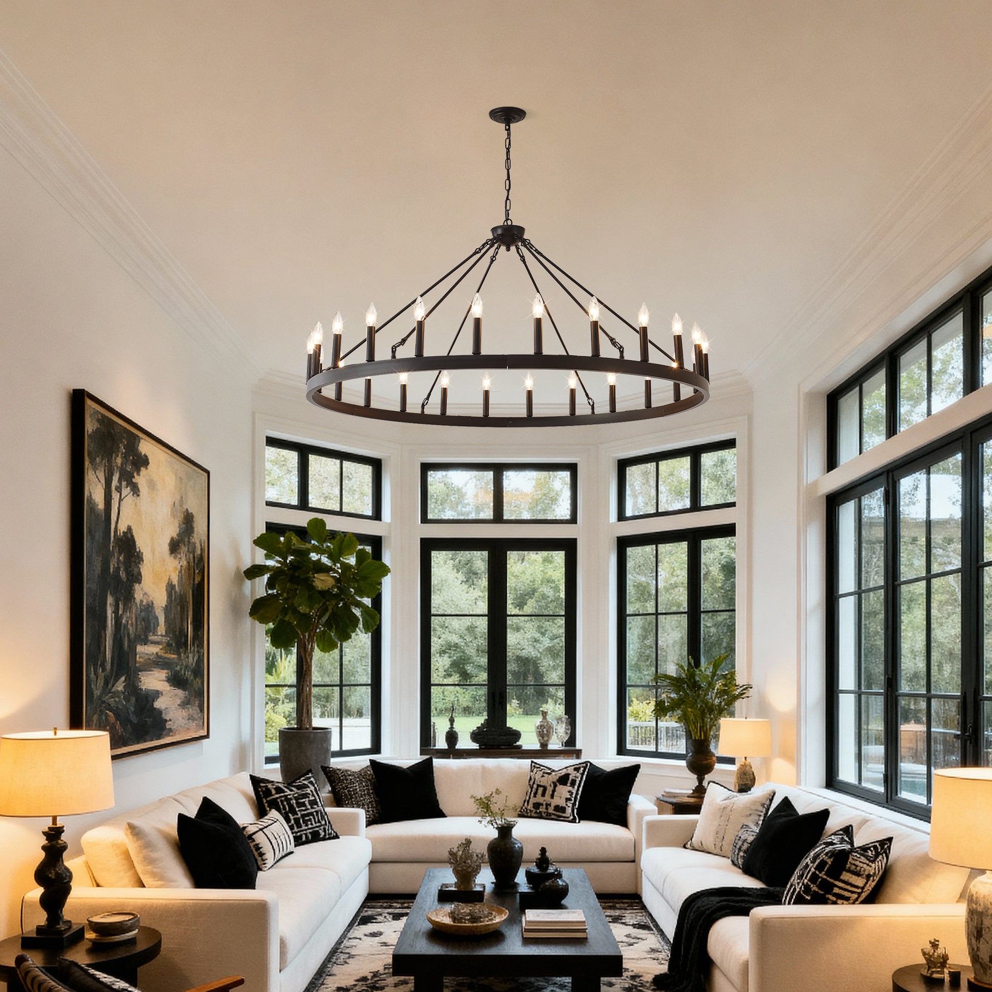 53" Matte Black Wagon Wheel Chandelier, 24-Light - view 3