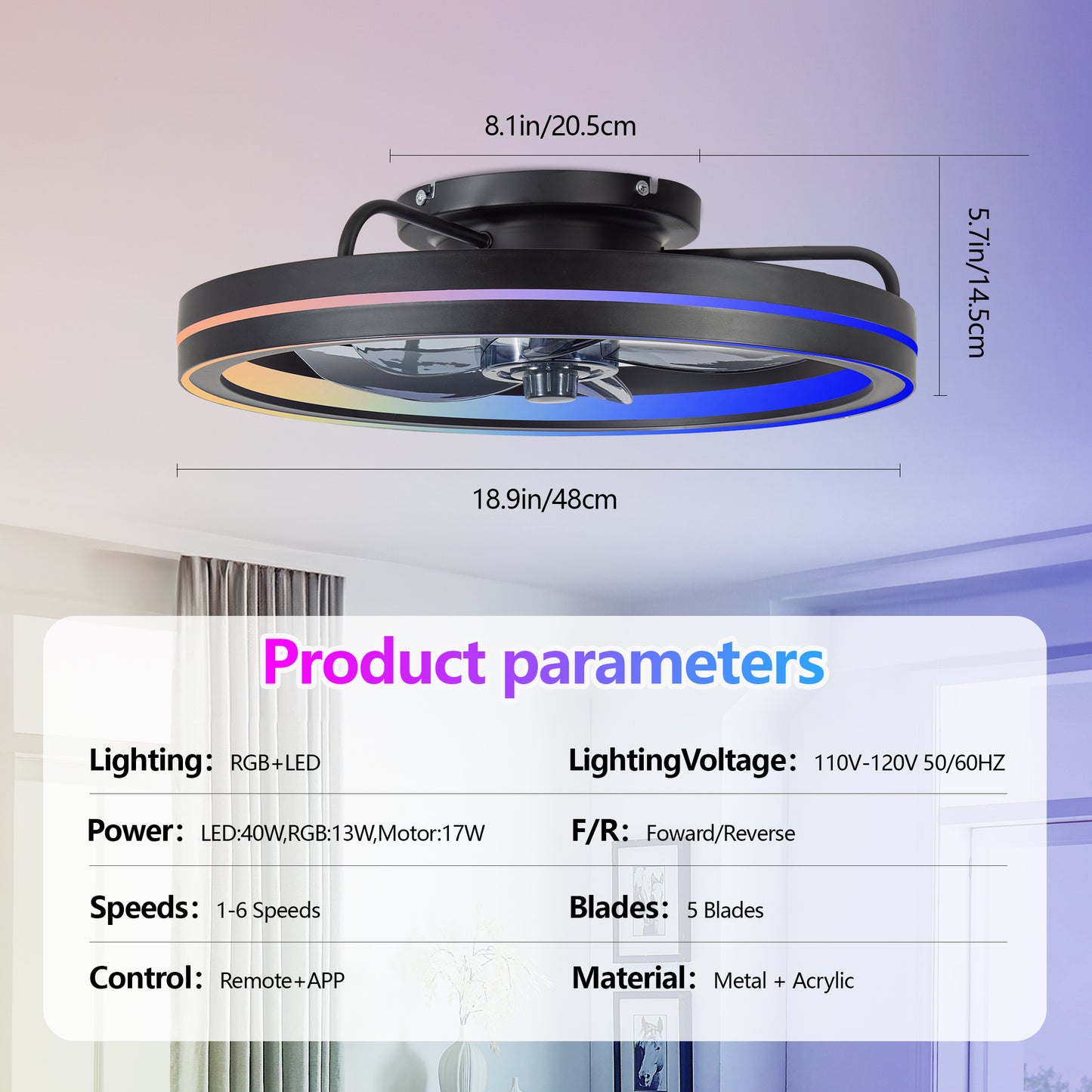 19" Black RGB Bladeless Fandelier Ceiling Fan with Remote - view 8