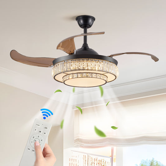 48" Black Crystal Retractable Ceiling Fan with Remote