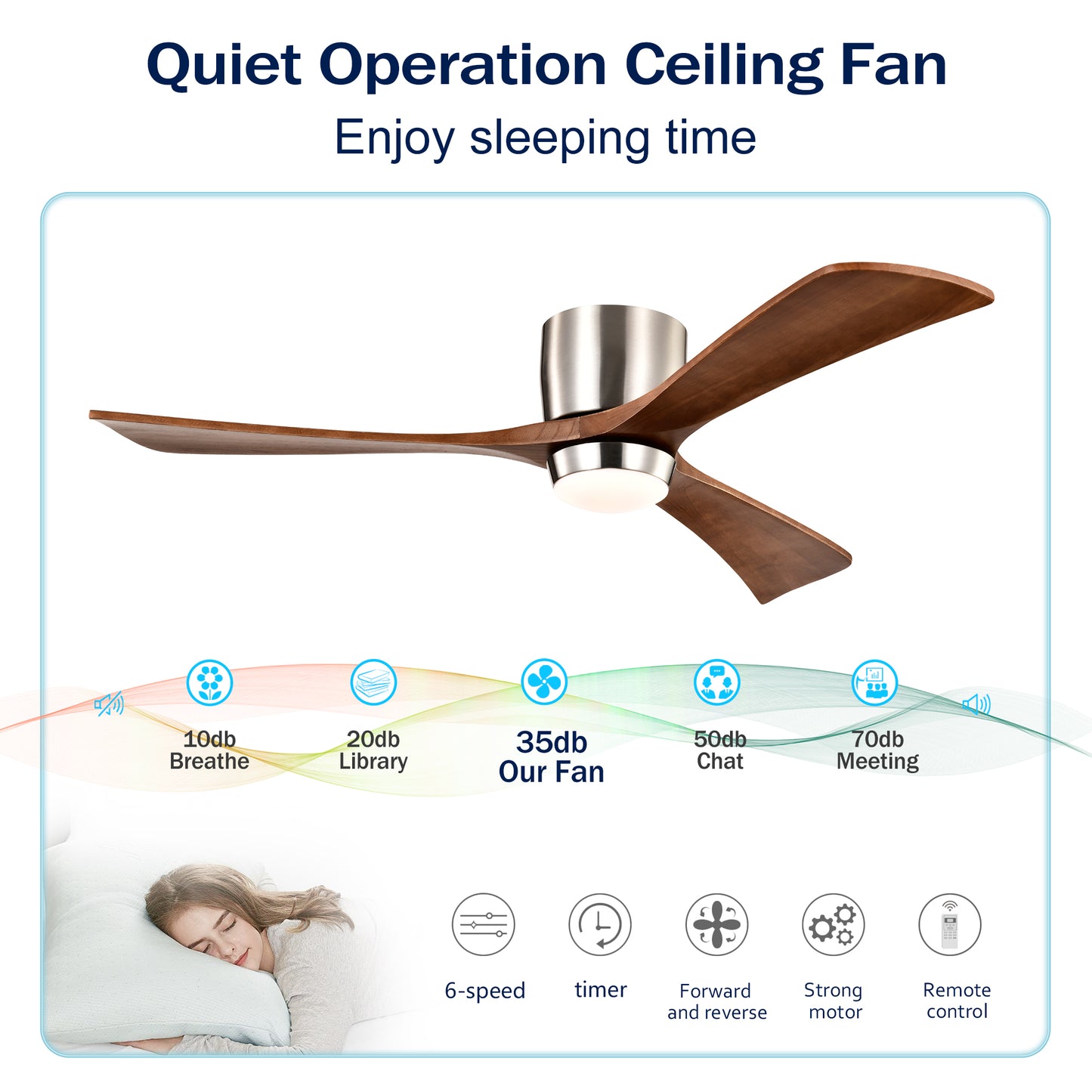 52" Nickel Flush Mount Wood Ceiling Fan with Remote - view 12