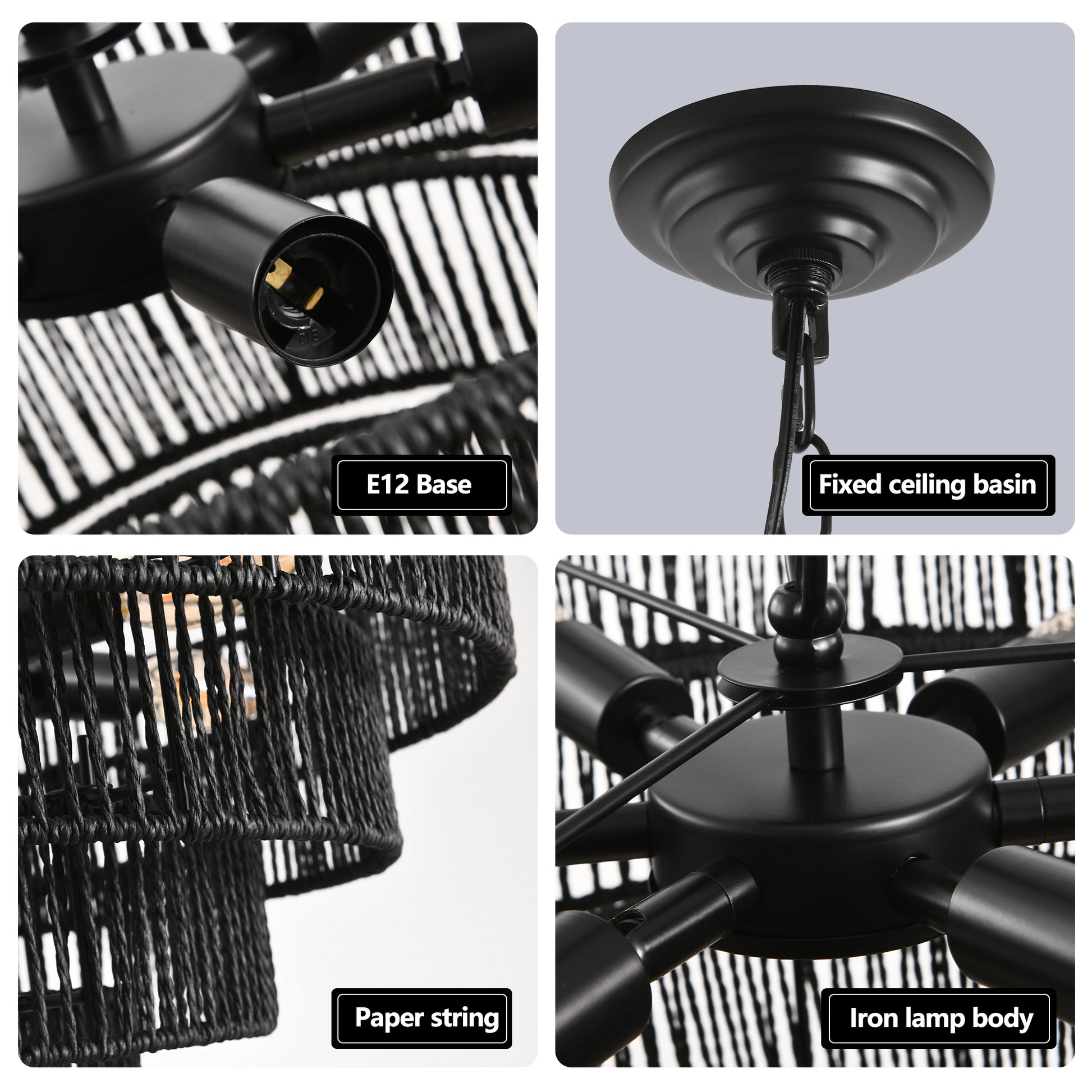 24" 5-Tier Black Hemp Rope Chandelier, 8-Light - view 6