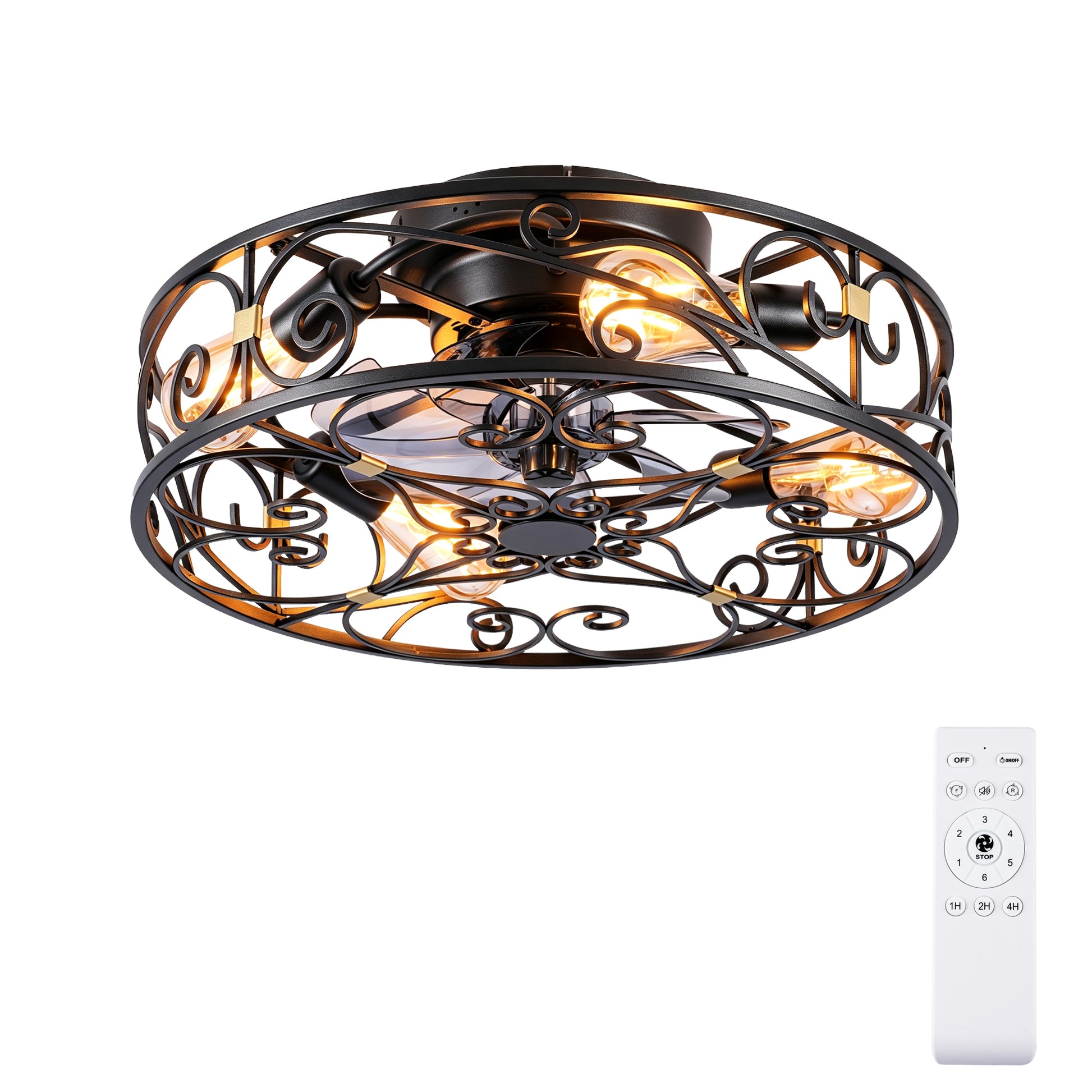20" Matte Black Flush Mount Caged Ceiling Fan with Remote