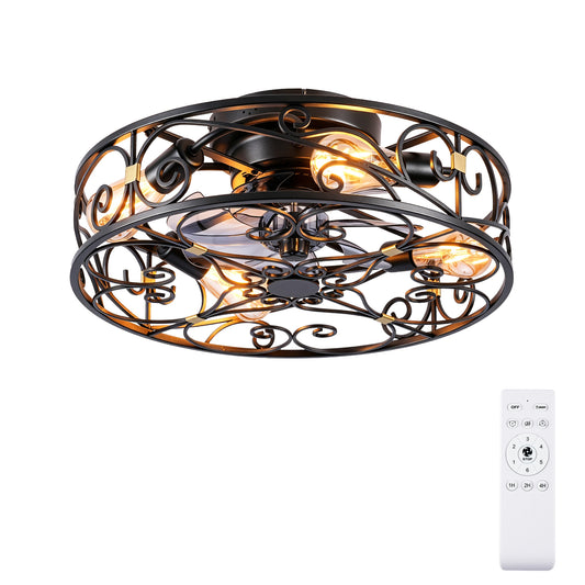 20" Matte Black Flush Mount Caged Ceiling Fan with Remote