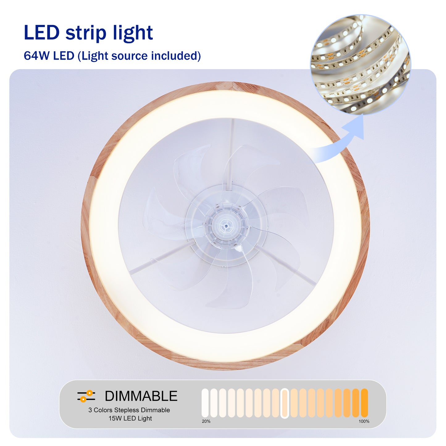 23.62" Wood Flush Mount Ceiling Fan with Dimmable LED - view 8