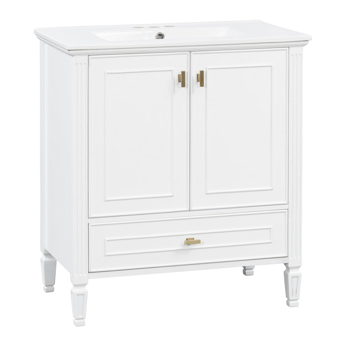 30" White Bathroom Vanity with Sink, 2 Doors & Gold Knobs