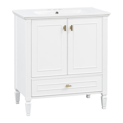 30" White Bathroom Vanity with Sink, 2 Doors & Gold Knobs