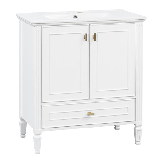30" White Bathroom Vanity with Sink, 2 Doors & Gold Knobs