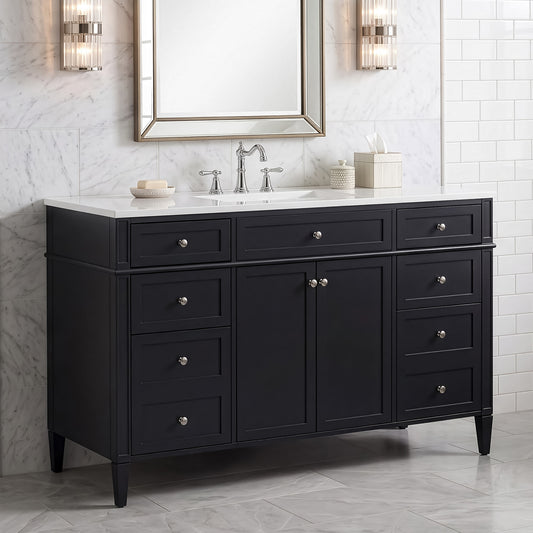48" Black Bathroom Vanity with Composite Sink Top and 6 Drawers