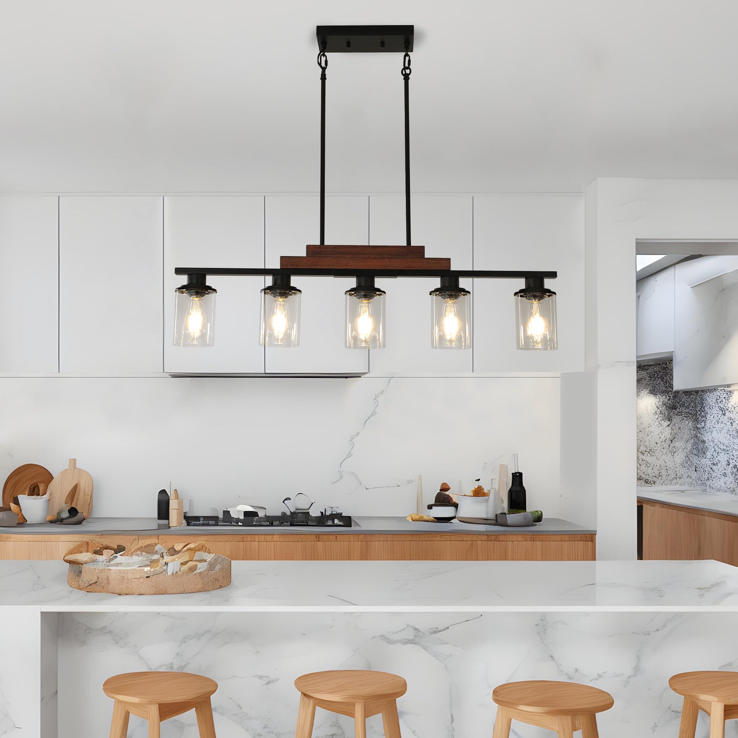 37" 5-Light Walnut Farmhouse Chandelier with Clear Glass - view 3