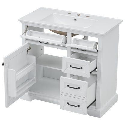 36" White Bathroom Vanity with Sink and 2 Tip-Out Drawers