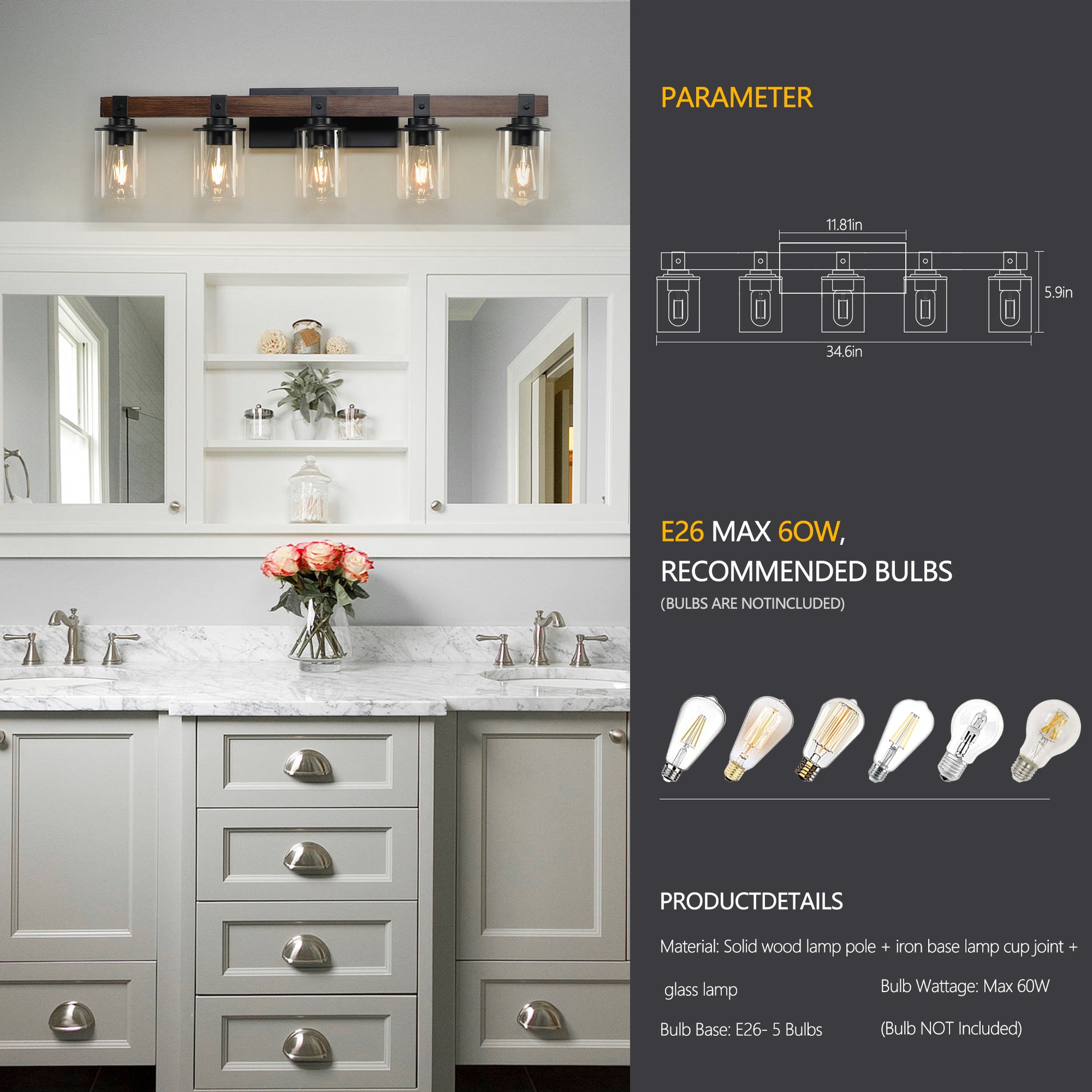35" 5-Light Farmhouse Vanity Light with Wood Accent - view 6