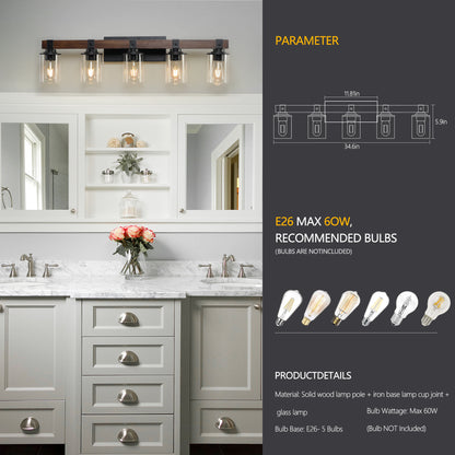 35" 5-Light Farmhouse Vanity Light with Wood Accent - view 6
