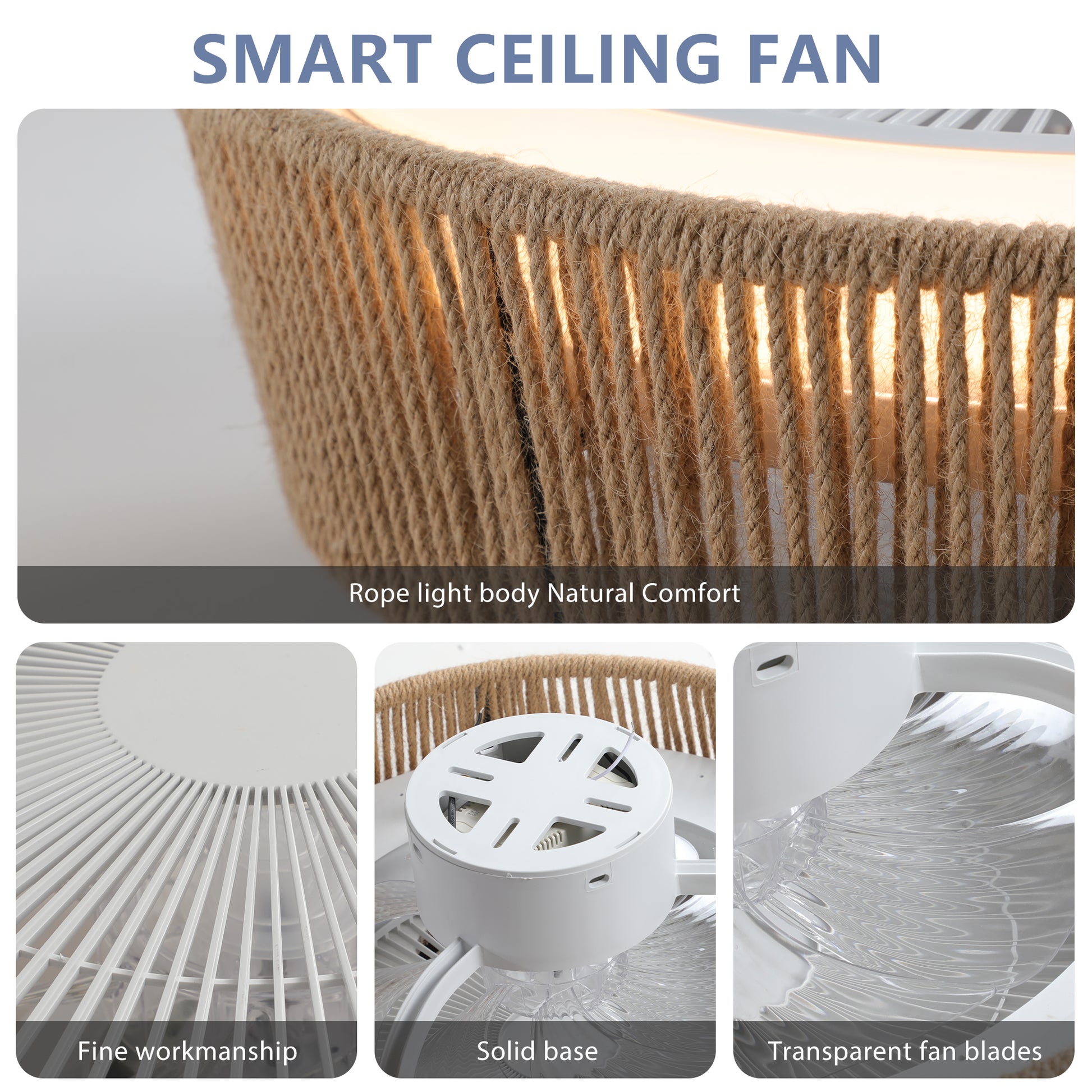 21" White Bohemian Braided Ceiling Fan with Remote - view 9