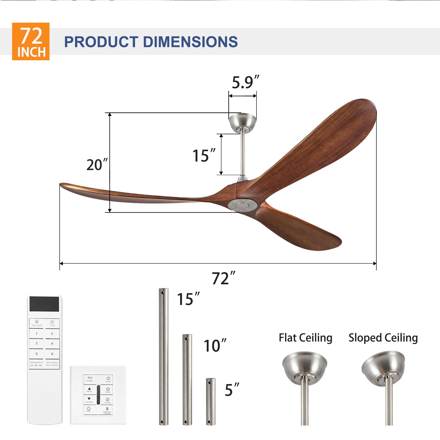 72" Walnut Solid Wood Ceiling Fan with Remote - view 10
