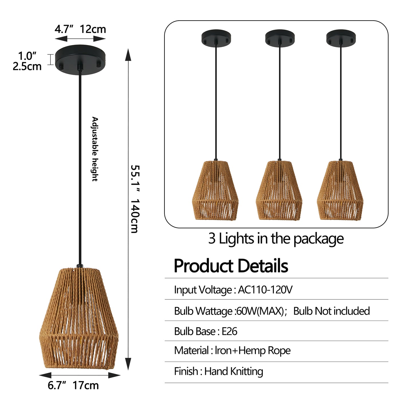 7" Hemp Rope Farmhouse Pendant Light, Set of 3 - view 9