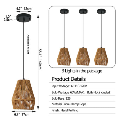 7" Hemp Rope Farmhouse Pendant Light, Set of 3 - view 9
