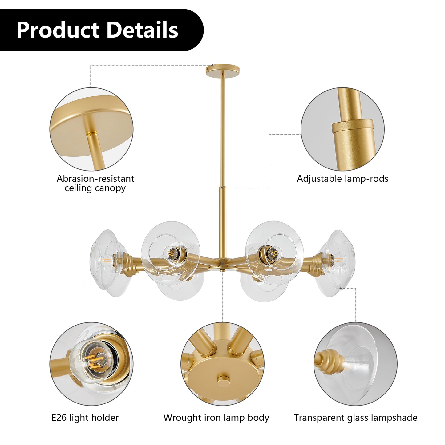 36" 8-Light Gold Sputnik Chandelier with Clear Glass - view 9