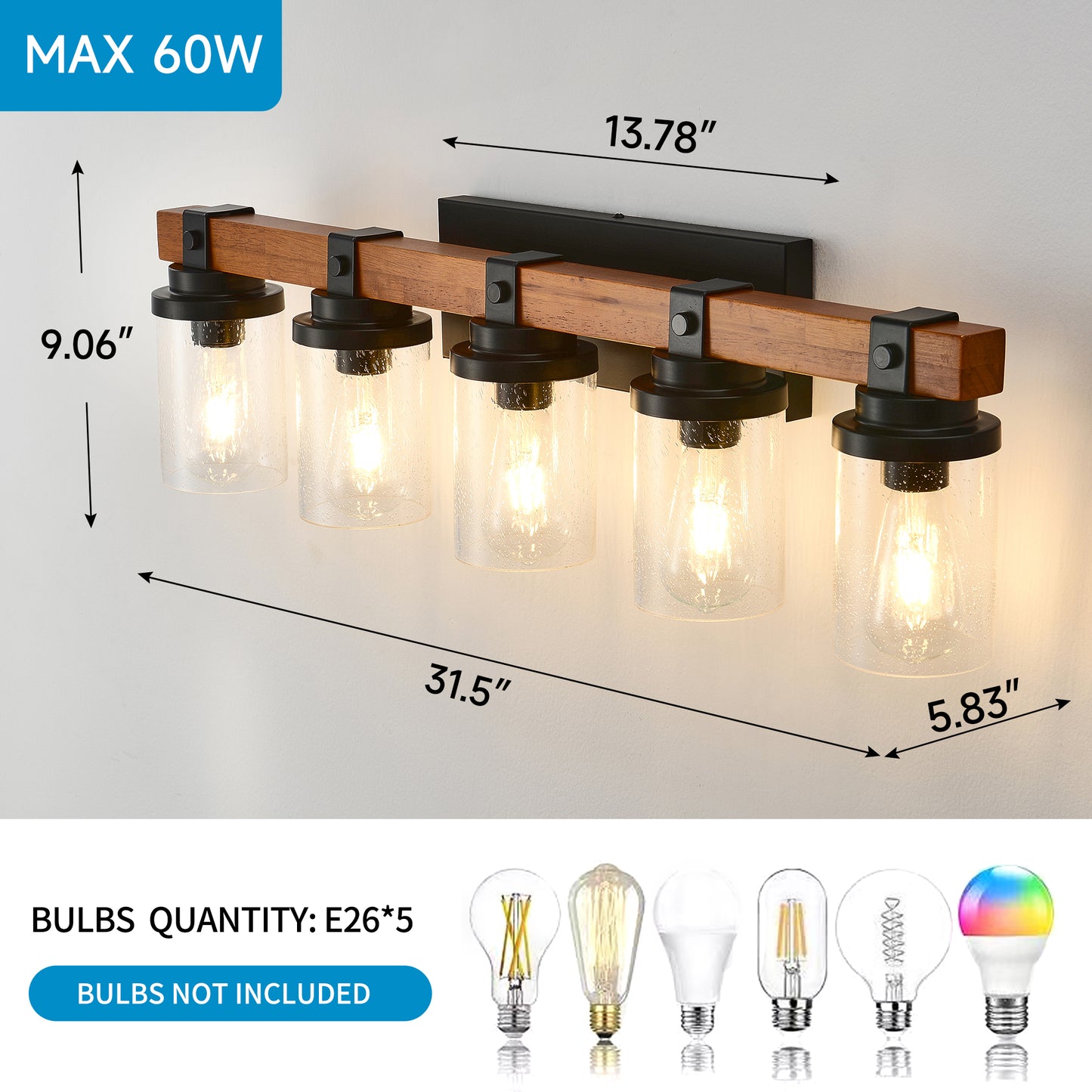 5-Light Matte Black & Wood Wall Light with Glass Shades - view 9