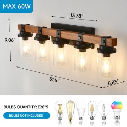 5-Light Matte Black & Wood Wall Light with Glass Shades - view 9