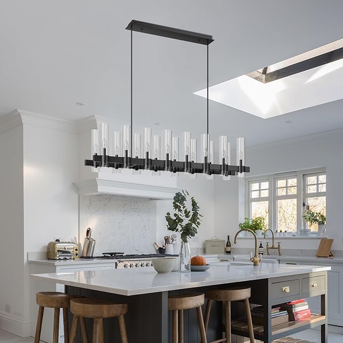 12-Light Black Linear Farmhouse Chandelier with Clear Glass - view 4