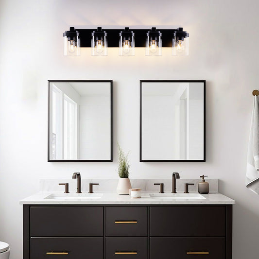 5-Light Matte Black Vanity Light with Clear Glass Shades - view 2