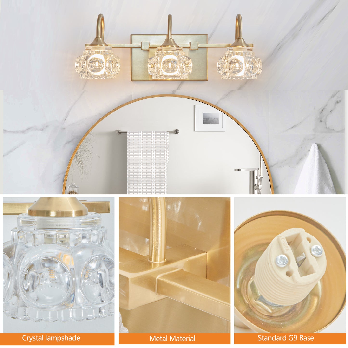 17" 3-Light Gold Crystal Vanity Wall Light - view 5