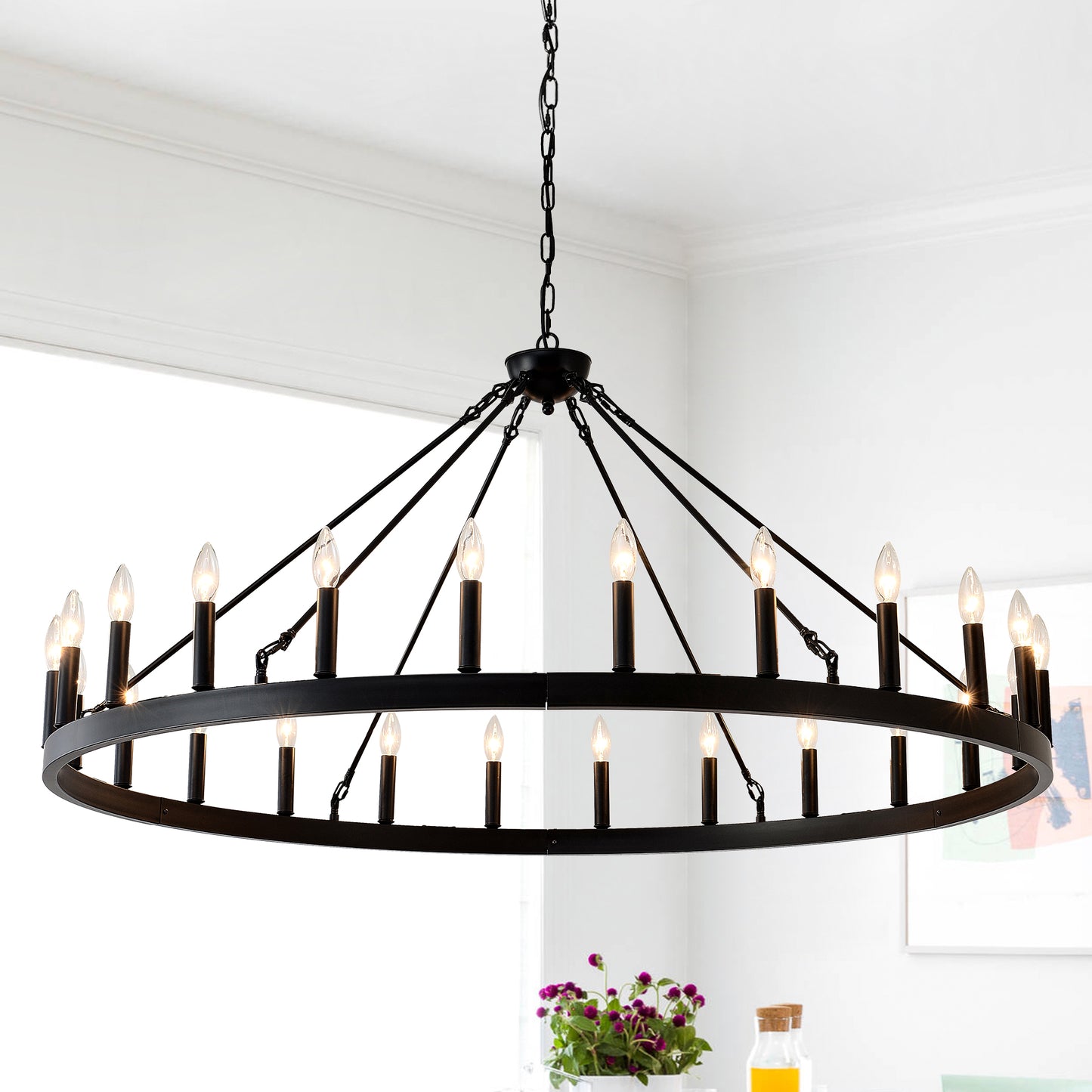53" Matte Black Wagon Wheel Chandelier, 24-Light