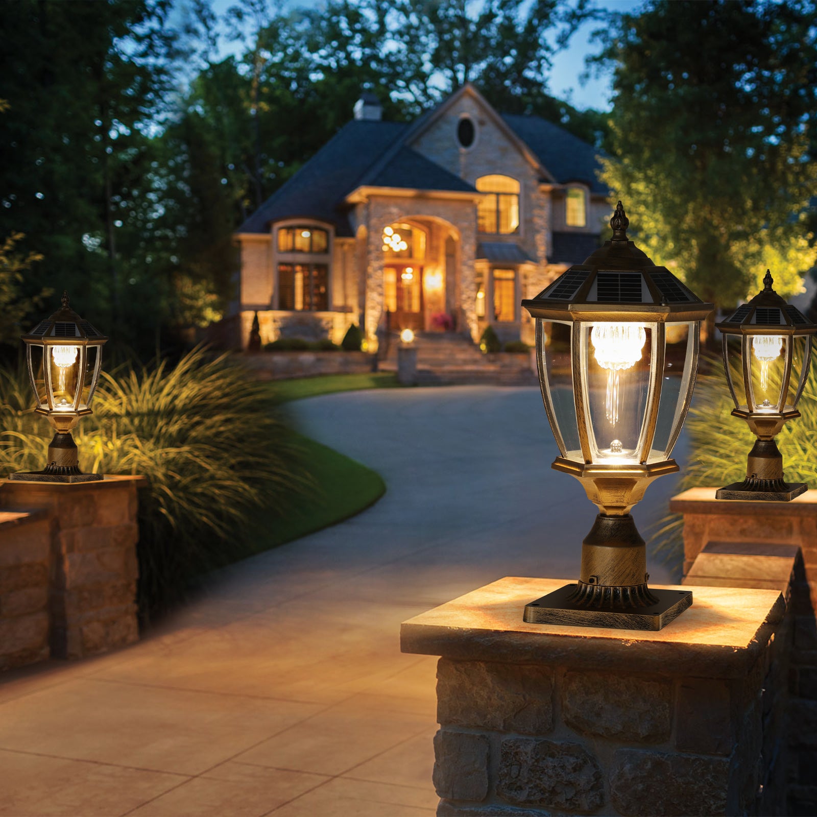 20"H Golden Vintage Solar Outdoor Lantern, Set of 2 - view 6