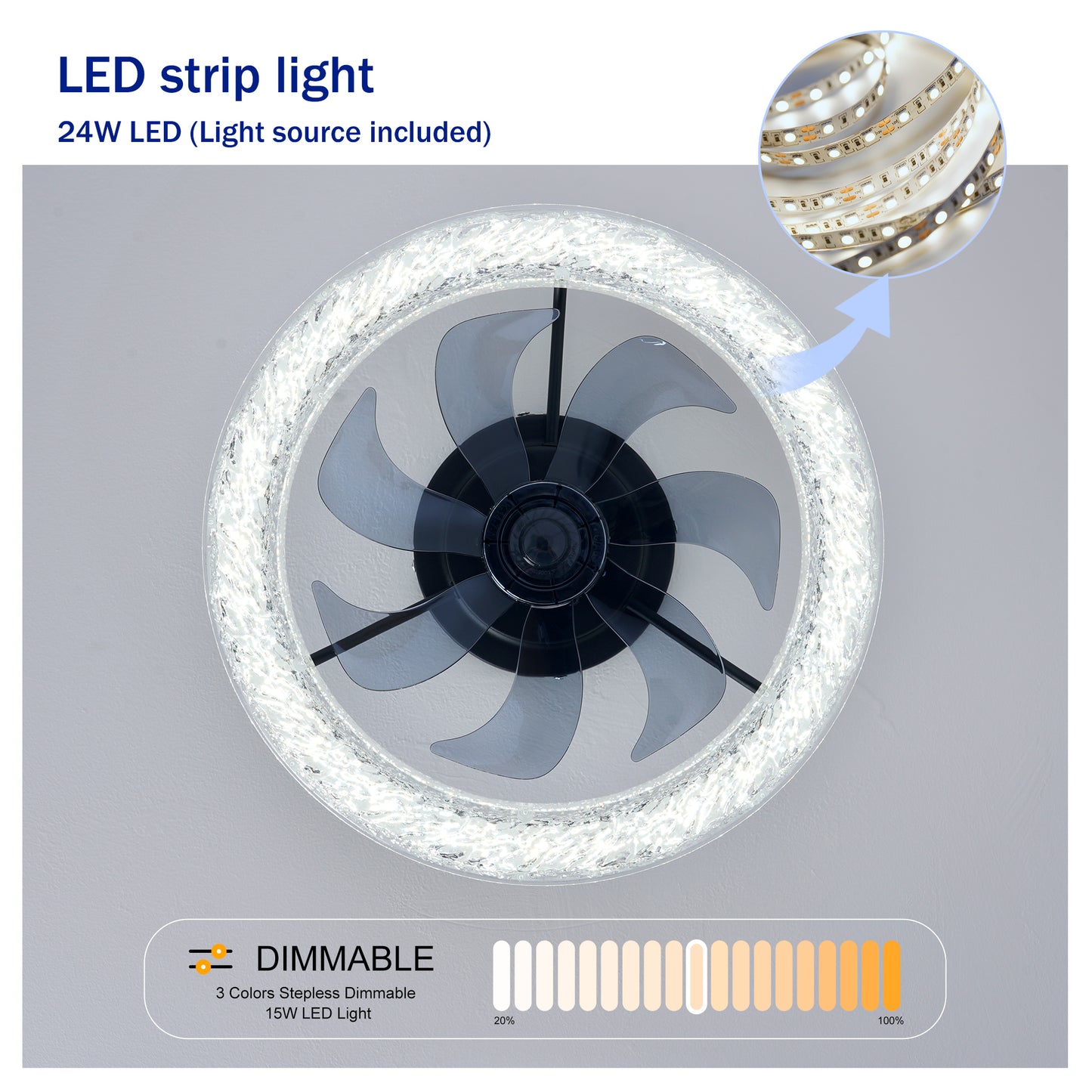 Matte Black Acrylic Ice Brick Ceiling Fan with Dimmable LED - view 8