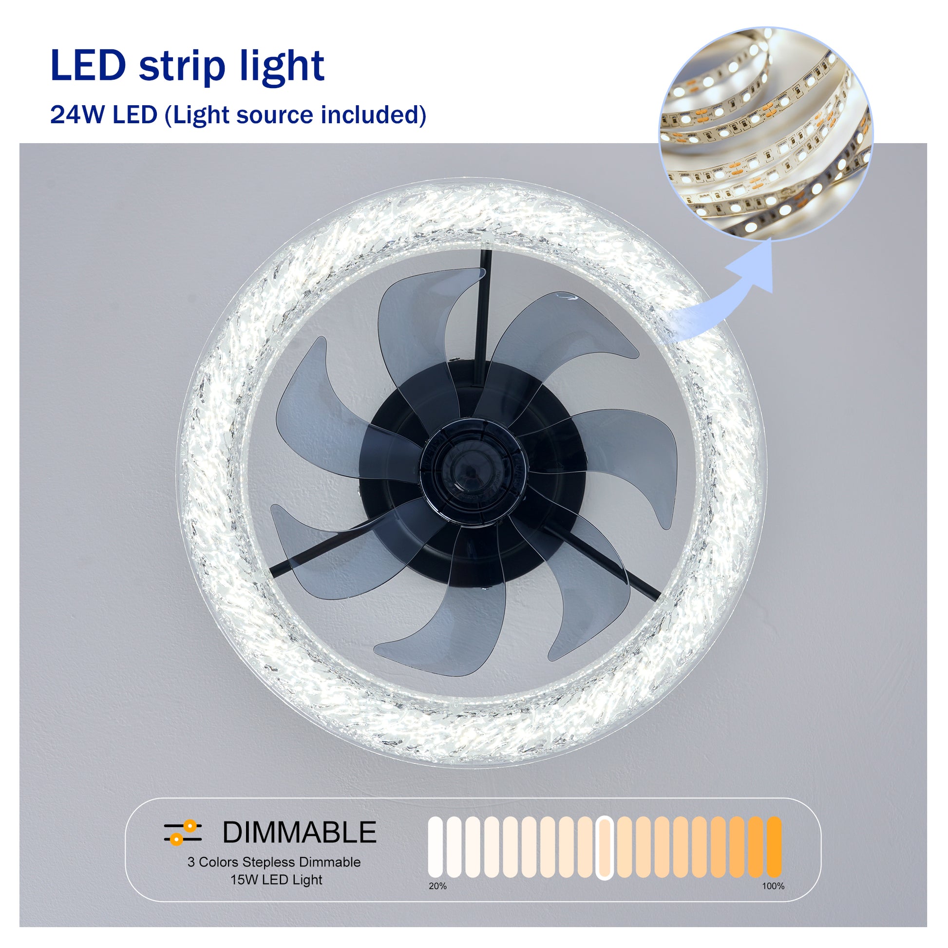 Matte Black Acrylic Ice Brick Ceiling Fan with Dimmable LED - view 8