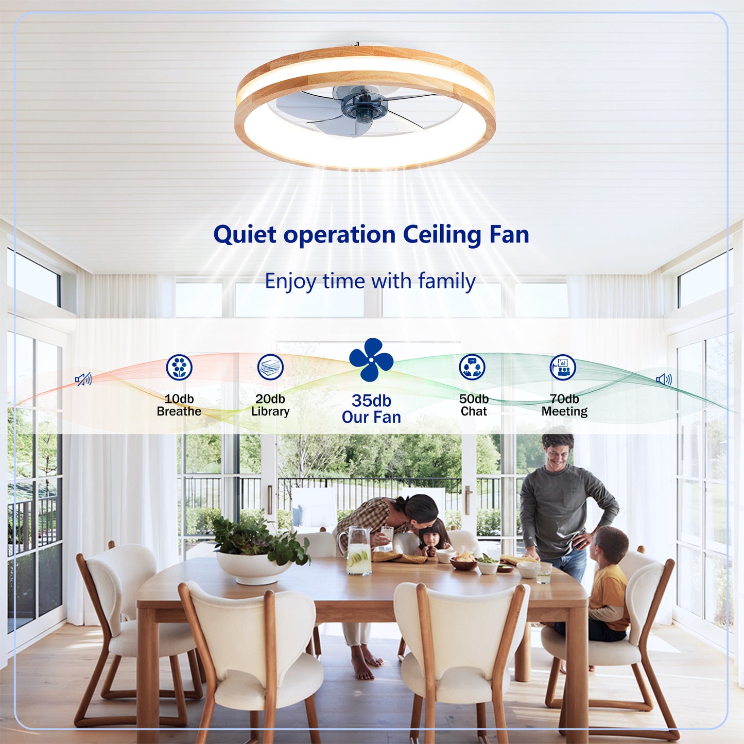 Natural Wood & White Flush Mount Ceiling Fan with Dimmable LED - view 12