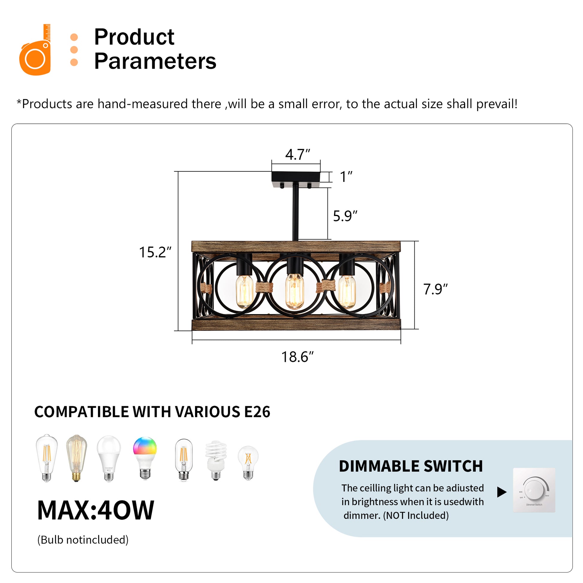 4-Light Wood & Black Farmhouse Flush Mount Ceiling Light - view 7