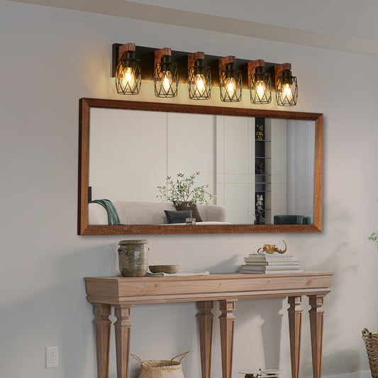 38" 6-Light Caged Industrial Wall Light with Wood Accents