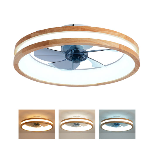 Natural Wood & White Flush Mount Ceiling Fan with Dimmable LED