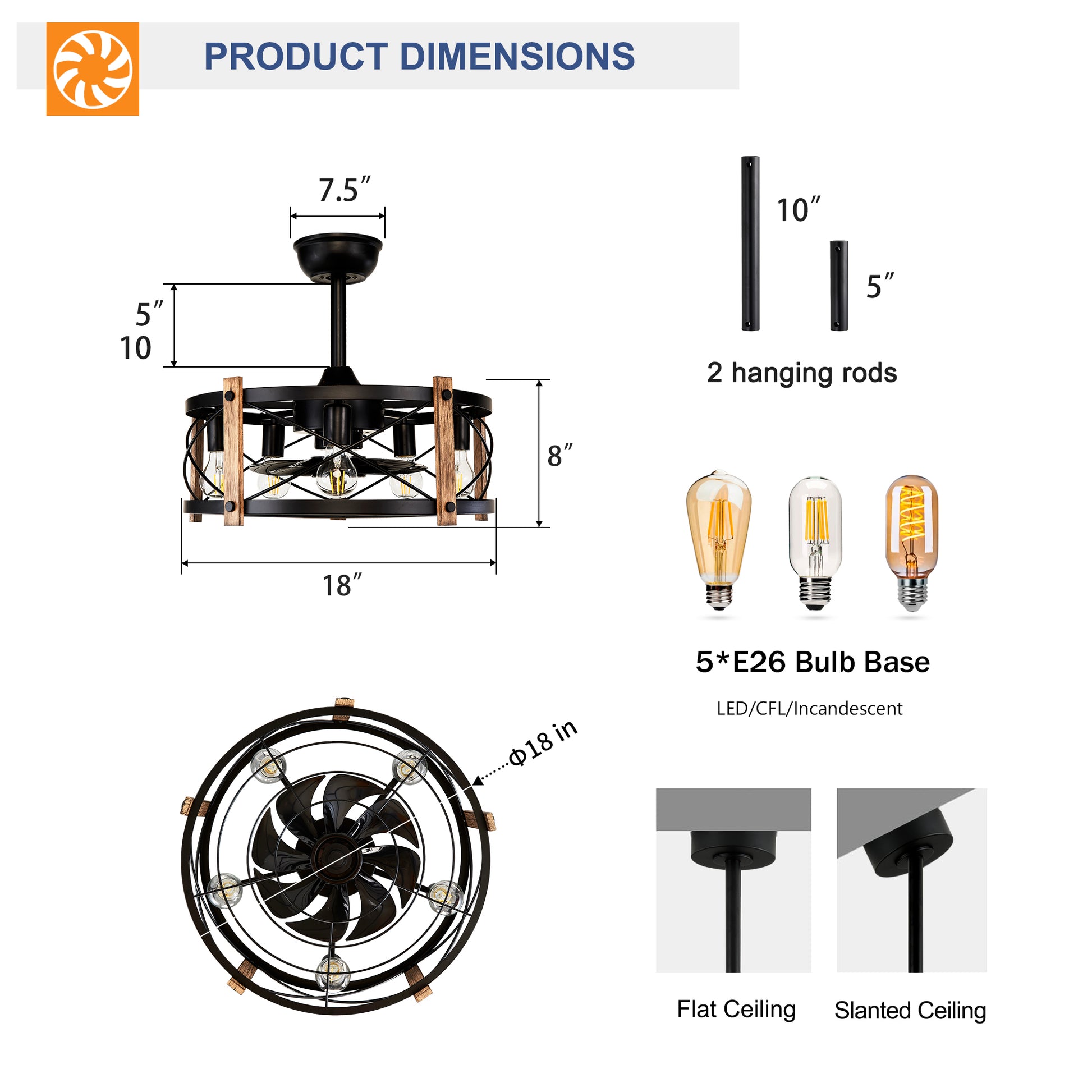 20" Matte Black Caged Chandelier Ceiling Fan with Remote - view 7