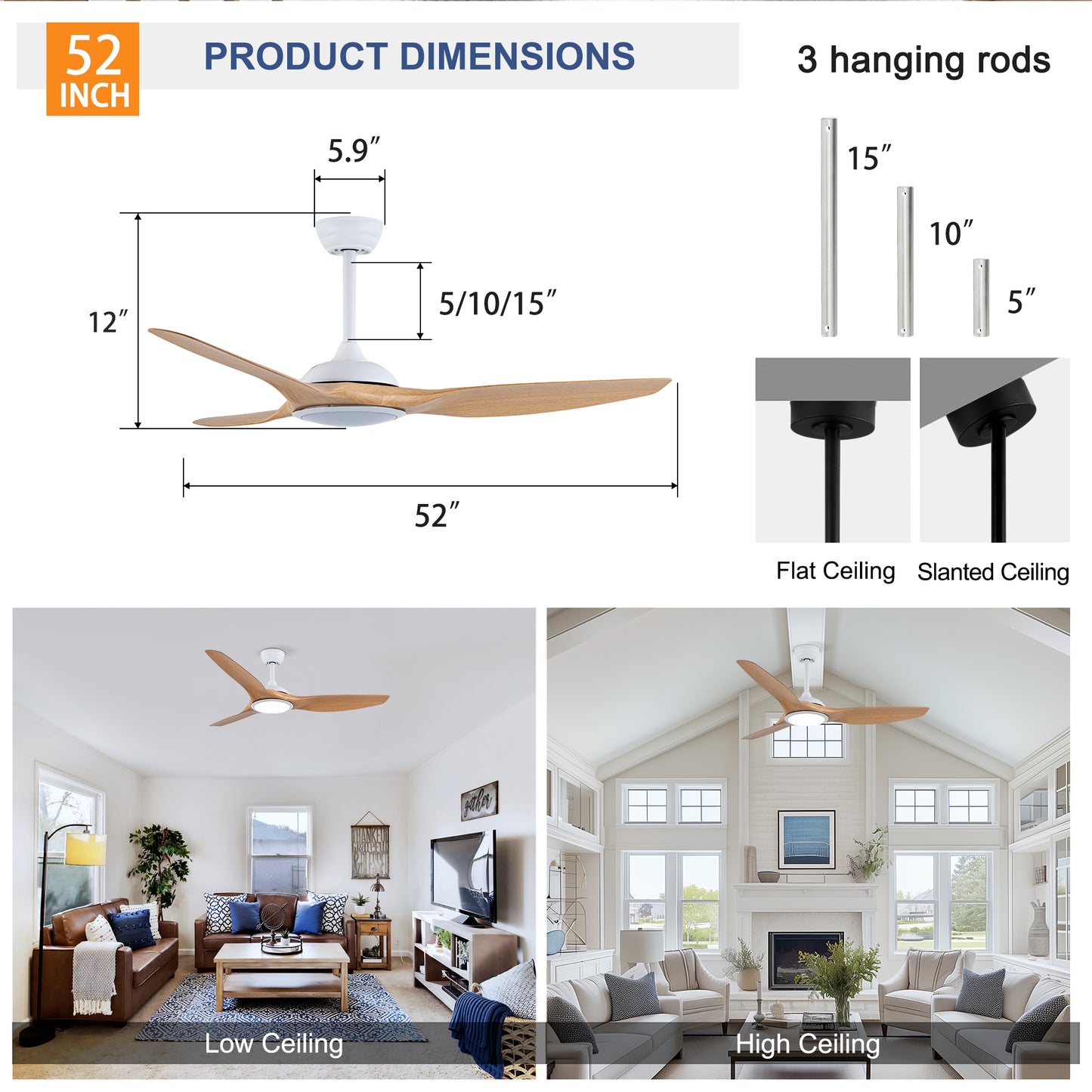 52" Matte White & Natural Wood Ceiling Fan with Remote - view 7